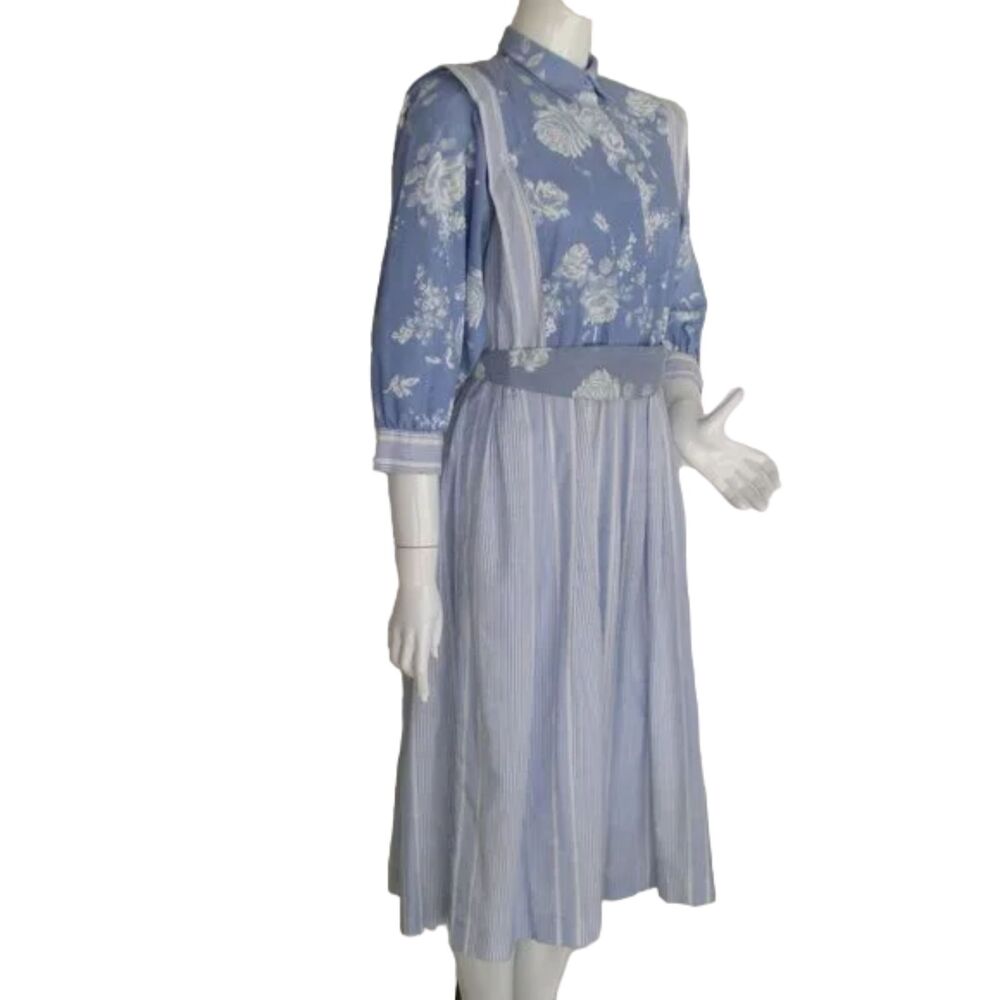 CALIFORNIA GIRL Dress, 12, Blue/White, Floral & Striped, Flat Ruffle, Belt - Picture 2 of 15